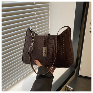 Detail of dark brown crocodile pattern leather bag with silver metal chain and buckle