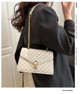 Détail du sac à chaîne crème avec motif vintage et boucle métallique en forme de fer à cheval
