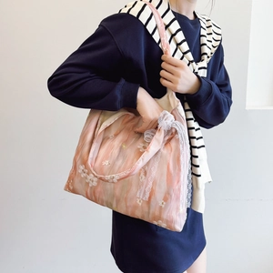 Pink floral canvas tote bag with white lace trim and bow knot detail for women