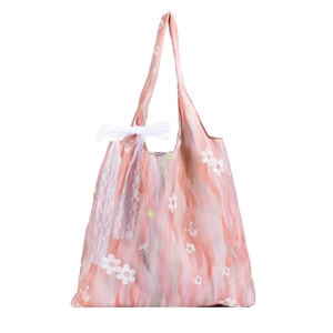 Chic pink canvas tote bag with white floral patterns and lace bow decoration