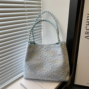 Women Nylon Large Capacity Tote Bag Japanese Ins Minimalist Embroidered Diamond Lattice Shoulder Bag With Woven Handle