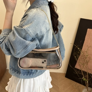 Chic transparent shoulder bag with gold chain and nude trim for summer 2025