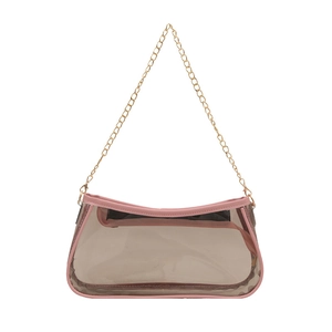 Chic pink PVC underarm bag with gold chain and leather trim in half-moon shape