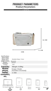 Size chart showing nylon crossbody bag dimensions and 0.09kg lightweight material specs