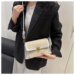 Fashionable beige canvas small square bag with silver leather trim worn by model
