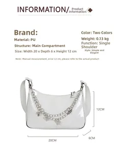 Detailed view of white PU crossbody bag dimensions 20x6x12cm with butterfly chain