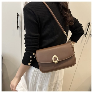 Close-up of vintage brown leather crossbody bag with golden horseshoe buckle detail