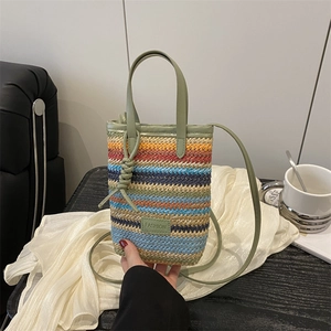 Colorful Stripe Woven Straw Handbag For Women Summer Beach Small Shoulder Square Bag With Leather Handle Fashion Tote