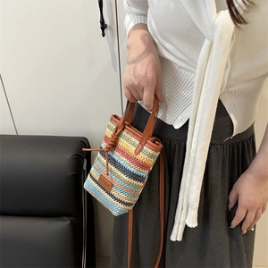 Fashion colorful striped straw mini handbag with leather handles and long shoulder strap