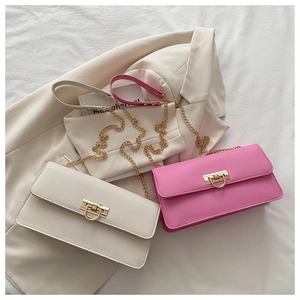 Detail of elegant cream and pink baguette bags with gold chain and D-shaped metal lock