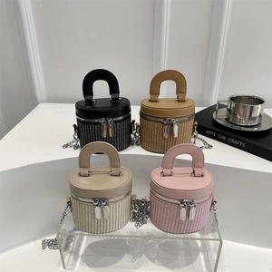 Women Fashion PU Leather Woven Texture Mini Cylinder Bucket Bag With Metal Chain Strap Double Zipper Crossbody Shoulder Bag