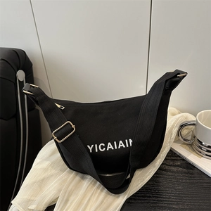 Women's Canvas Half-Moon Shoulder Bag Lightweight Minimalist Letter Print Hobo Bag Casual Underarm Bag Daily Fashion