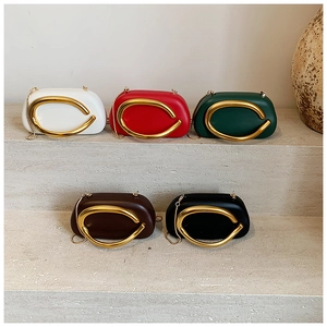 Group shot of colorful round acrylic clutch bags with golden C-handle on stone steps