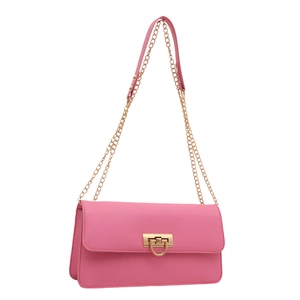 Pink minimalist faux leather baguette bag with golden chain strap and buckle closure