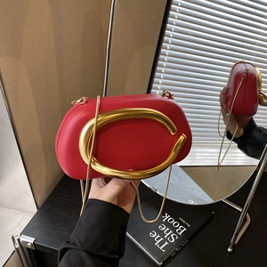 Women Designer Shoulder Bag Unique C-Shaped Metal Handle Solid Color PU Leather Small Box Bag Chain Crossbody Handbag