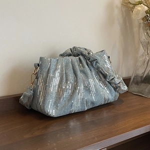 Women Fashion Trendy Sequin Shoulder Bag Pleated Cloud Underarm Bag Large Capacity Casual Nylon Crossbody Purse Ruched Strap