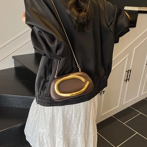 Brown leather oval crossbody bag with gold C-link hardware and chain strap on model