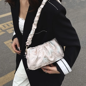 Ruched silk cloud bag with traditional Chinese landscape embroidery and gathered strap