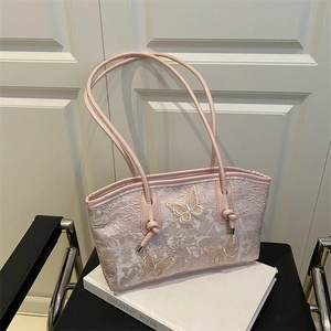 Women Butterfly Embroidery Lace Underarm Bag Sweet PU Leather Tote Shoulder Bag Large Capacity Vintage Fashion Handbag