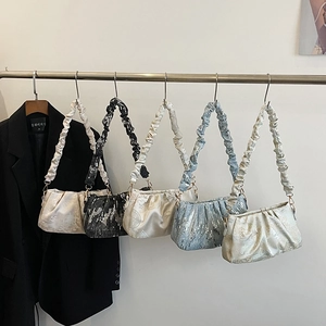 Chic sequined ruffled shoulder bags in black, blue and white with shiny pleats
