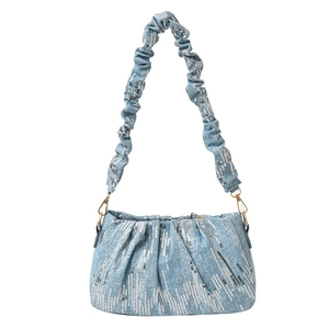 Blue denim sequin shoulder bag with pleated handle and glittering wave patterns