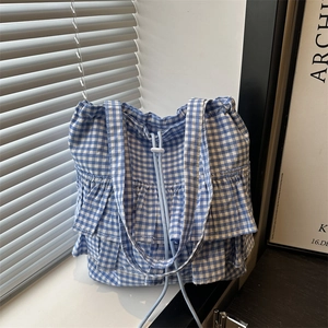 Large Capacity Plaid Ruffle Tote Bag Women Canvas Gingham Shoulder Bag With Drawstring Korean Style Summer Daily Shopping Bag