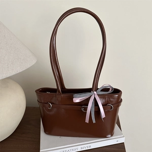 Women Vintage PU Leather Shoulder Bag Large Capacity Commuter Tote Bag With Bow Ribbon Decoration Minimalist Handbag