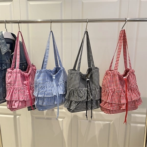 Chic gingham canvas tote bag with drawstring closure and ruffled hem in four colors