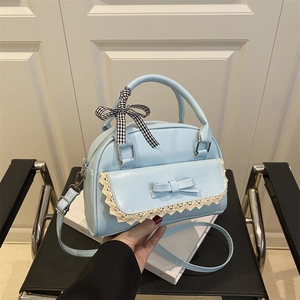 Women Sweet PU Leather Crossbody Bag Lace Trim Bow Plaid Ribbon Decoration Handbag Korean Style Shoulder Bag For Daily Dating