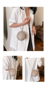 Detail of champagne gold spherical evening bag with sequins, ring handle and chain strap
