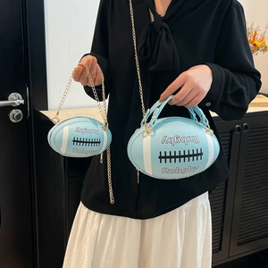 Light blue rugby shaped crossbody bags with chain straps in large and small sizes