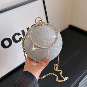 Women Round Sphere Evening Bag Glitter PU Leather Handbag With Rhinestone Ring Handle Chain Shoulder Crossbody Bag For Party Wedding Banquet