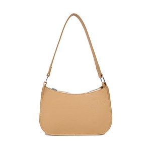 Minimalist khaki half-moon underarm bag with litchi texture and silver hardware detail