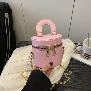 Women Mini Cylinder Shoulder Bag PU Leather Double Zipper Chain Crossbody Handbag Simple Fashion Small Bucket Bag For Daily