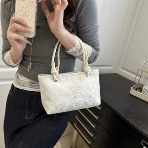 Elegant white lace bucket bag with 3D butterfly embroidery and rope handle style