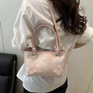 Pink embroidered lace bucket bag with 3D butterfly floral details for women