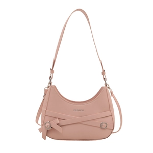 Pink PU leather crescent hobo bag with silver buckles and adjustable shoulder strap