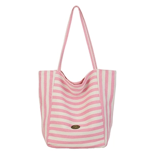Pink and white striped canvas tote bag with dual straps and handmade label on white background