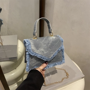 Fashion Fringe Denim PU Leather Small Square Crossbody Bag For Women Trendy Metal Chain Strap Handle Shoulder Handbag