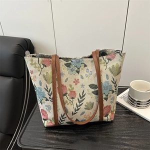 Vintage Floral Jacquard Canvas Tote Bag For Women Large Capacity Shoulder Bag Casual Commuting Top Handle Handbag
