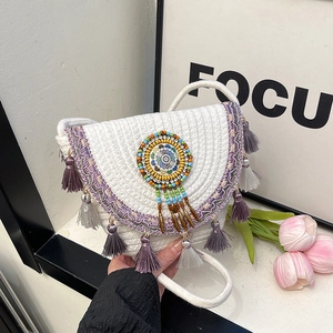 Bohemian Woven Straw Shoulder Bag With Tassels And Mandala Beadwork Ethnic Style Crossbody Saddle Bag For Women Beach Summer