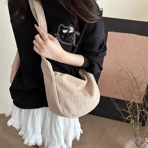 Japanese style beige corduroy crescent crossbody bag for daily casual shoulder use