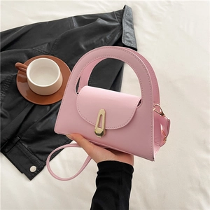 Women Minimalist PU Leather Shoulder Bag Geometric Lock Solid Color Trapezoid Handbag Arc Handle Crossbody Bag Commuting Purse