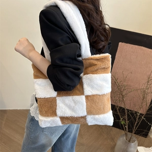 Sac fourre-tout en peluche à carreaux marron de grande capacité pour femme à l'épaule