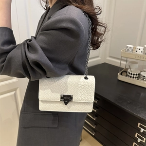 Retro white chain shoulder bag with embossed texture and metal clasp shown on model