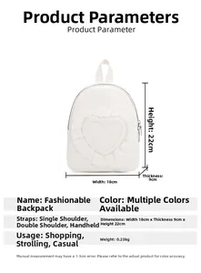 Detailed size parameters of white heart-shaped lace backpack showing 18x9x22cm dimensions