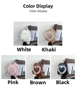 Lace heart-shaped ruffle backpack details in white, khaki, pink, brown, and black colors