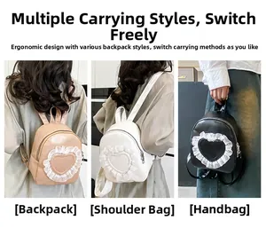 Three colors of lace-heart mini backpacks shown in backpack and shoulder bag styles