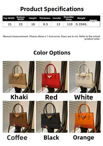 Size specifications and six color variants of the minimalist square tote crossbody bag