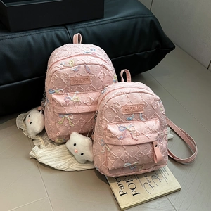Korean Style Quilted Nylon Mini Backpack For Girls With Bow Embroidery And Star Charm Fashion Lightweight School Bookbag